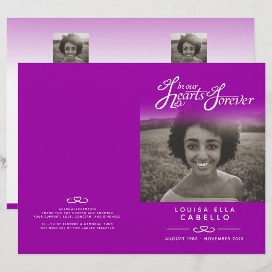 Lila Beerdigungsprogramm für Herz für immer (Vorne/Hinten)