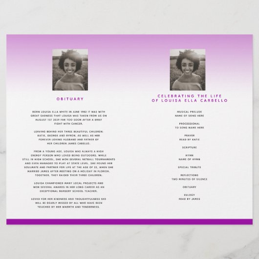 Lila Beerdigungsprogramm für Herz für immer (Rückseite)