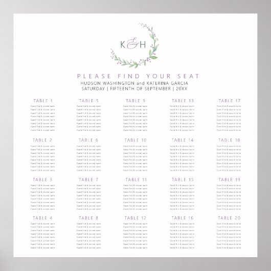 Lila Beeren Grüne Blätter 20 Hochzeitstische Plan Poster (Vorne)