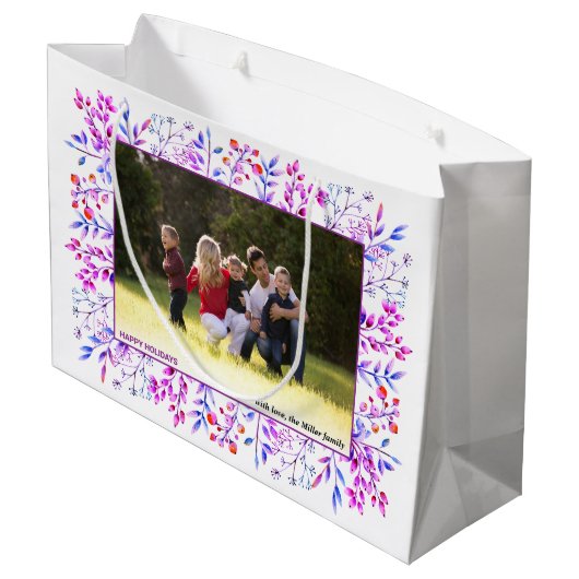 Lila Beerenblatt Happy Holidays Weihnachtsfest Fot Große Geschenktüte (Rückseite Schrägansicht)