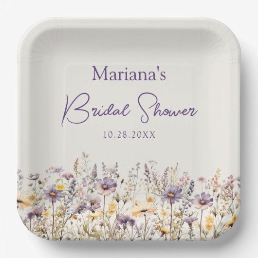Lila Beige Wildblumen Blumengebäck Brautparty Pappteller (Vorderseite)