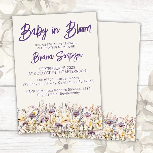 Lila Beige Wildblumen Neutrale Babydusche Einladung