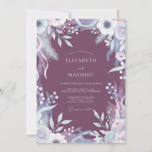 Lila bemalte Blätterhochzeit Einladung (Vorderseite)