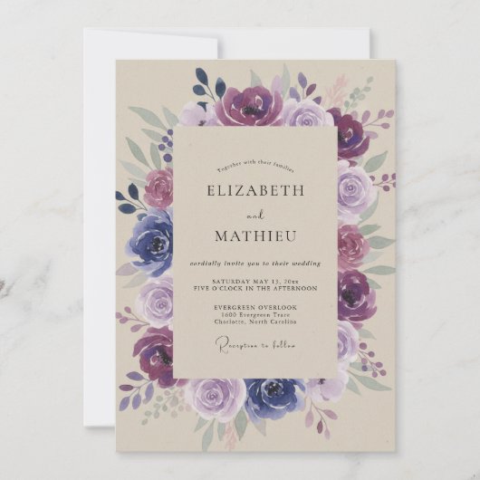 Lila bemalterer Kranz Hochzeit Einladung (Vorderseite)