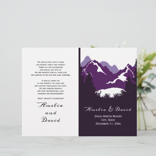 Lila Berge, Koniferen gefaltet Hochzeitsprogramm (Stehend Vorderseite)