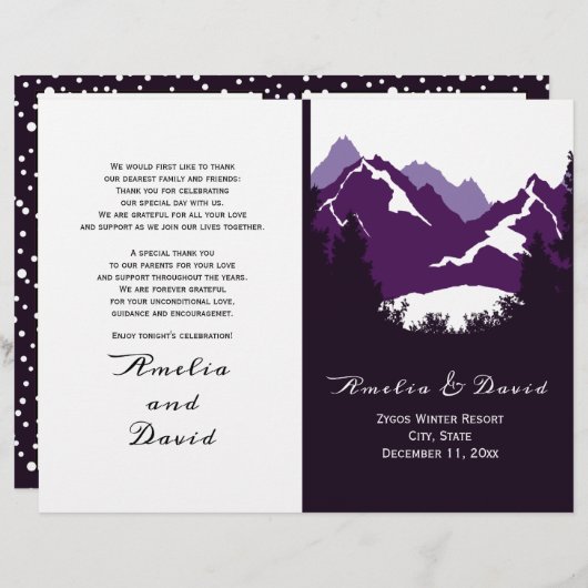 Lila Berge, Koniferen gefaltet Hochzeitsprogramm (Vorne/Hinten)