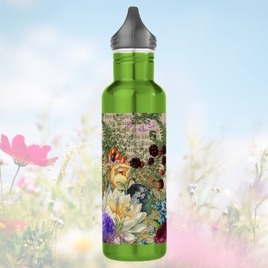 Lila Berries und Rose auf Newsprint Ephemera Edelstahlflasche