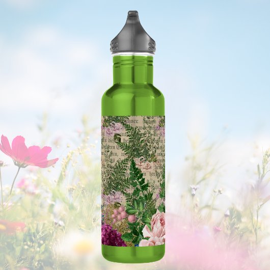 Lila Berries und Rose auf Newsprint Ephemera Edelstahlflasche