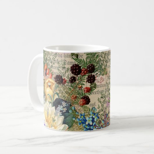 Lila Berries und Rose auf Newsprint Ephemera Kaffeetasse (Vorderseite Links)