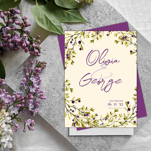 Lila Berry Greenery-Blätter Hochzeit Sichern Sie d Postkarte