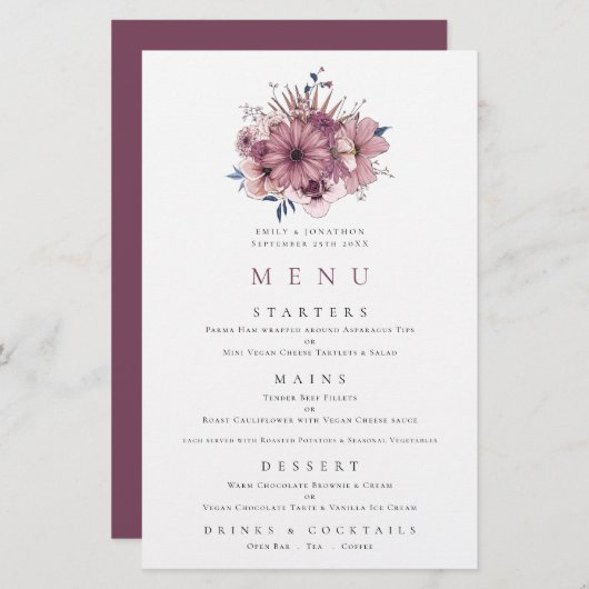 Lila Berry Pink Florals Wedding Menu (Vorne/Hinten)