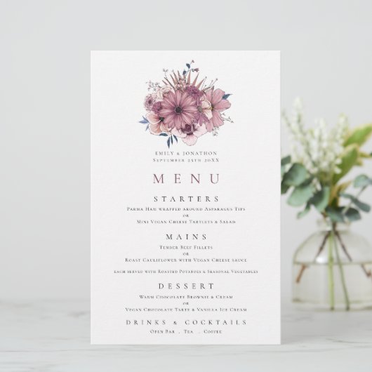 Lila Berry Pink Florals Wedding Menu (Stehend Vorderseite)
