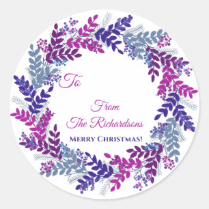 Lila Berry Wreath Name Weihnachtsgeschenksticker Runder Aufkleber