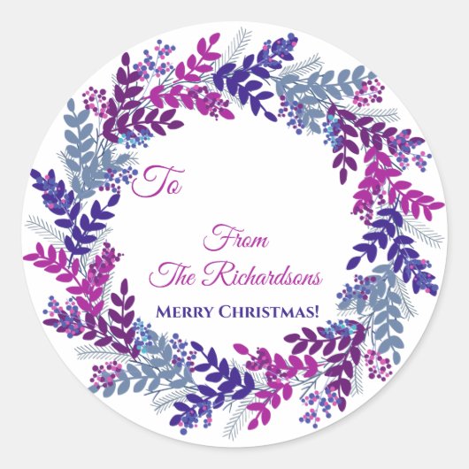 Lila Berry Wreath Name Weihnachtsgeschenksticker Runder Aufkleber (Vorderseite)