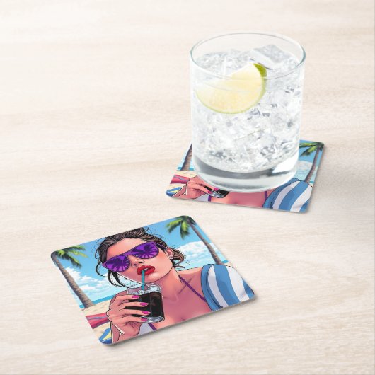 Lila Bikini, Sonnenbrille und Bandana Rechteckiger Pappuntersetzer (Vor Ort)