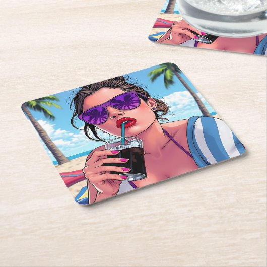 Lila Bikini, Sonnenbrille und Bandana Rechteckiger Pappuntersetzer (angewinkelt)