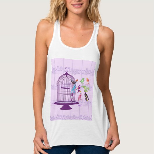 Lila Birdcage- und Vogelzettel Tank Top (Vorderseite)