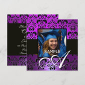 LILA BLACK ABSCHLUSS DAMASK MONOGRAM, violett Einladung (Vorne/Hinten)