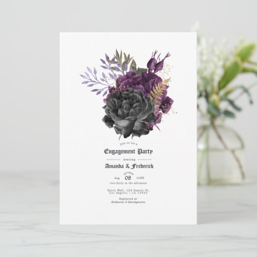 Lila Black and Gold Gothic Engagement Party Einladung (Stehend Vorderseite)