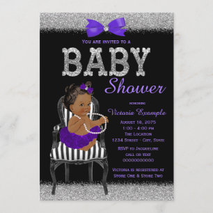 Lila Black and Silver Ethnic Girl Baby Dusche Einladung