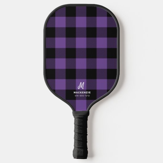 Lila Black Buffalo Kariert Mit Monogramm Pickleball Schläger (Rückseite)