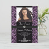 Lila Black Damask Abschluss Einladung (Stehend Vorderseite)