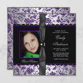 Lila Black Damask Foto Sweet 16 Party Einladung (Vorne/Hinten)