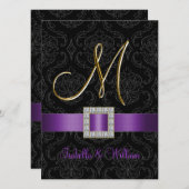 Lila Black Damask Gold Initial M Hochzeit Einladun Einladung (Vorne/Hinten)