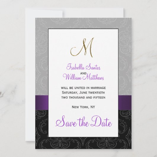 Lila Black Damask Gold Initial Save the Date (Rückseite)