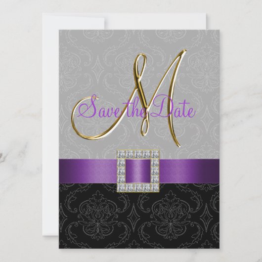 Lila Black Damask Gold Initial Save the Date (Vorderseite)