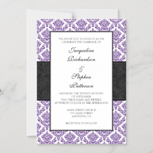 Lila Black Damask Magnetic Wedites Magneteinladung (Vorderseite)