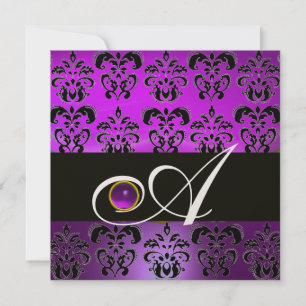 LILA BLACK DAMASK MONOGRAM AMETHYST GOLD METAL EINLADUNG