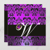 LILA BLACK DAMASK MONOGRAM AMETHYST SILVER METAL EINLADUNG (Vorne/Hinten)