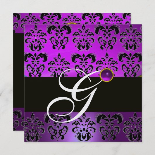 LILA BLACK DAMASK MONOGRAM AMETHYST WHITE ICE EINLADUNG (Vorne/Hinten)