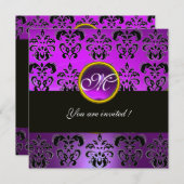 LILA BLACK DAMASK MONOGRAM, Amethyste Einladung (Vorne/Hinten)