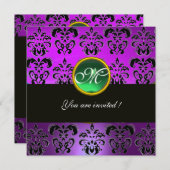 LILA BLACK DAMASK MONOGRAM, grüner Smaragd Einladung (Vorne/Hinten)