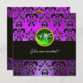 LILA BLACK DAMASK MONOGRAM, grüner Smaragd Einladung (Vorne/Hinten)
