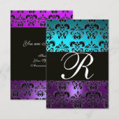 LILA BLACK DAMASK MONOGRAM-UAWG,blaue Turquase Einladung (Vorne/Hinten)