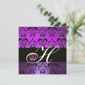 LILA BLACK DAMASK MONOGRAMM AMETHYST EINLADUNG (Stehend Vorderseite)