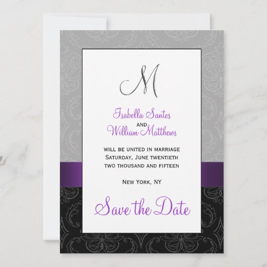 Lila Black Damask Silver Initial Save the Date (Rückseite)
