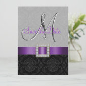 Lila Black Damask Silver Initial Save the Date (Stehend Vorderseite)
