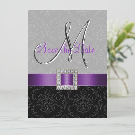 Lila Black Damask Silver Initial Save the Date (Stehend Vorderseite)