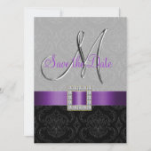 Lila Black Damask Silver Initial Save the Date (Vorderseite)