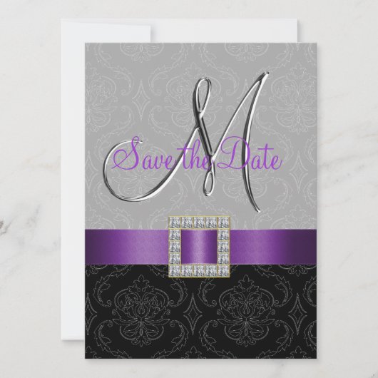 Lila Black Damask Silver Initial Save the Date (Vorderseite)