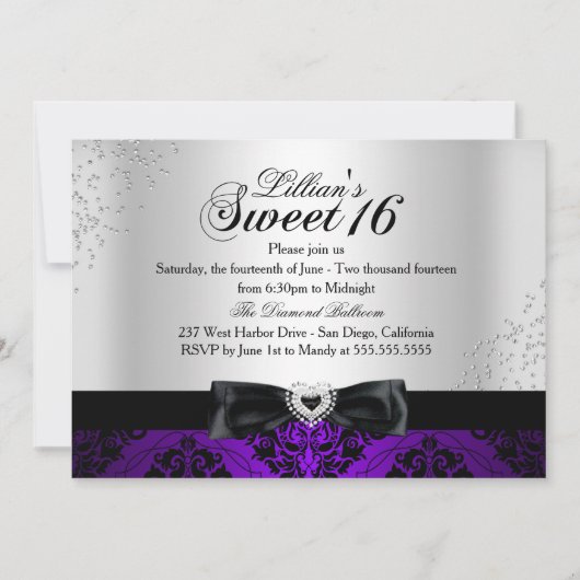 Lila Black Damask Sparkle Sweet 16 Einladung (Vorderseite)