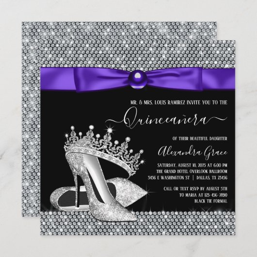 Lila Black Diamond Tiara Shoe Quinceanera Einladung (Vorne/Hinten)