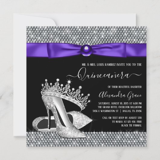 Lila Black Diamond Tiara Shoe Quinceanera Einladung (Vorderseite)