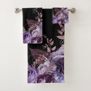 LILA BLACK FLORAL BOTANICAL BADEZIMMER TOWOLL SET