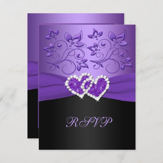 Lila Black Floral Josed Hearts RSVP Card (Vorne/Hinten)