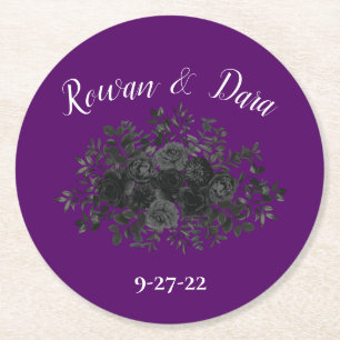 Lila Black Floral Wedding Gothic Runder Pappuntersetzer